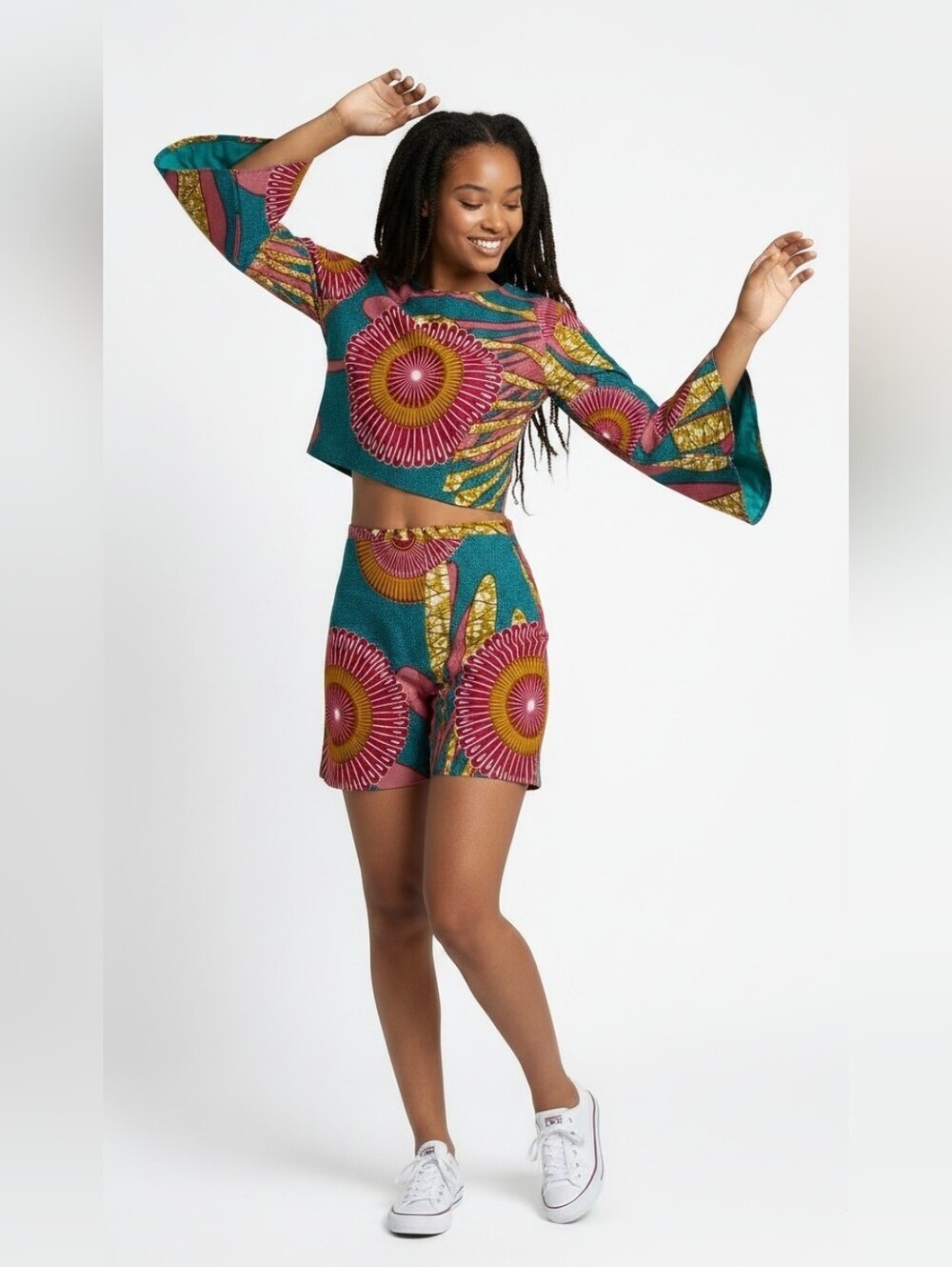 Teal & Magenta Ankara Two-Piece Crop Top and Shorts Set